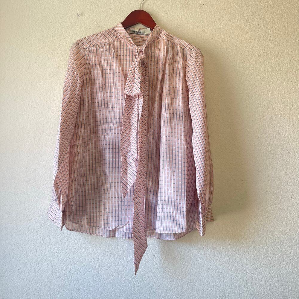 Vintage 70s Power‎ Dressing Grid Print Button Down Blouse Size 12